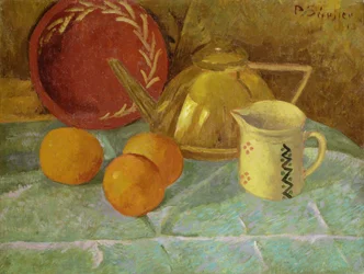 Stillleben mit Früchten und einem Krug oder Synchronisation in Gelb, 1913